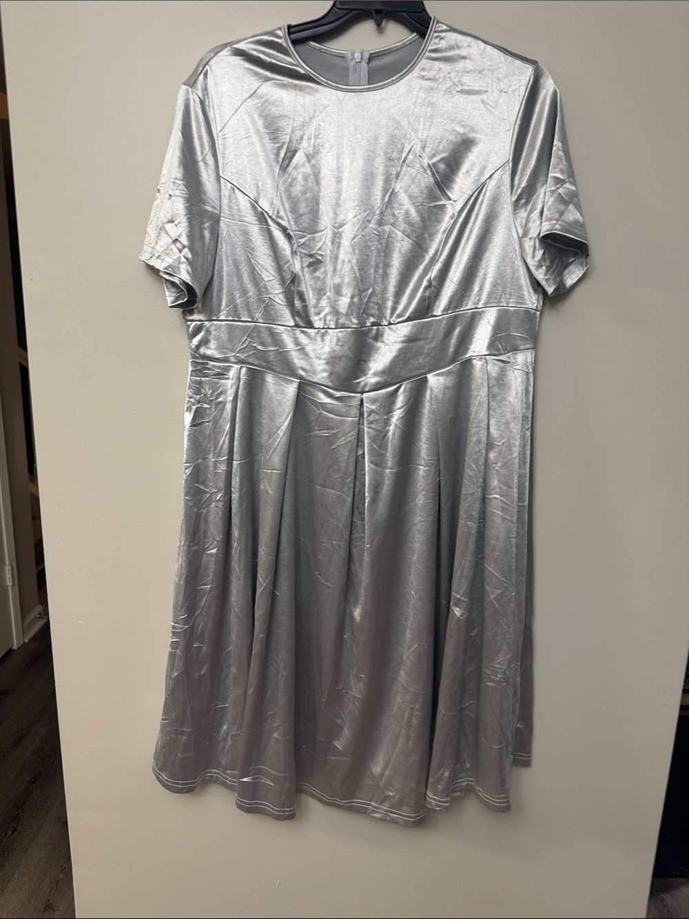 Silver Metallic Short Sleeve Fit-and-Flare Dress